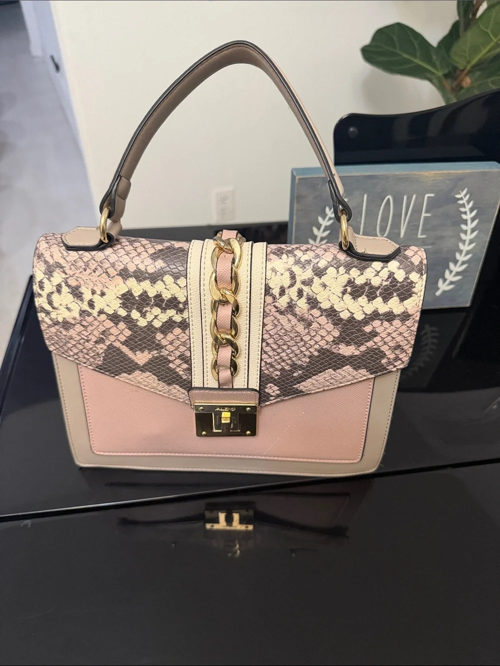 Aldo Pink Snake-Print Top Handle Satchel with Gold Chain